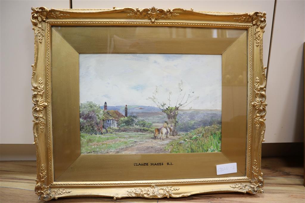 Claude Hayes (1852-1922), watercolour, Horse rider passing a cottage, signed, 24 x 34cm